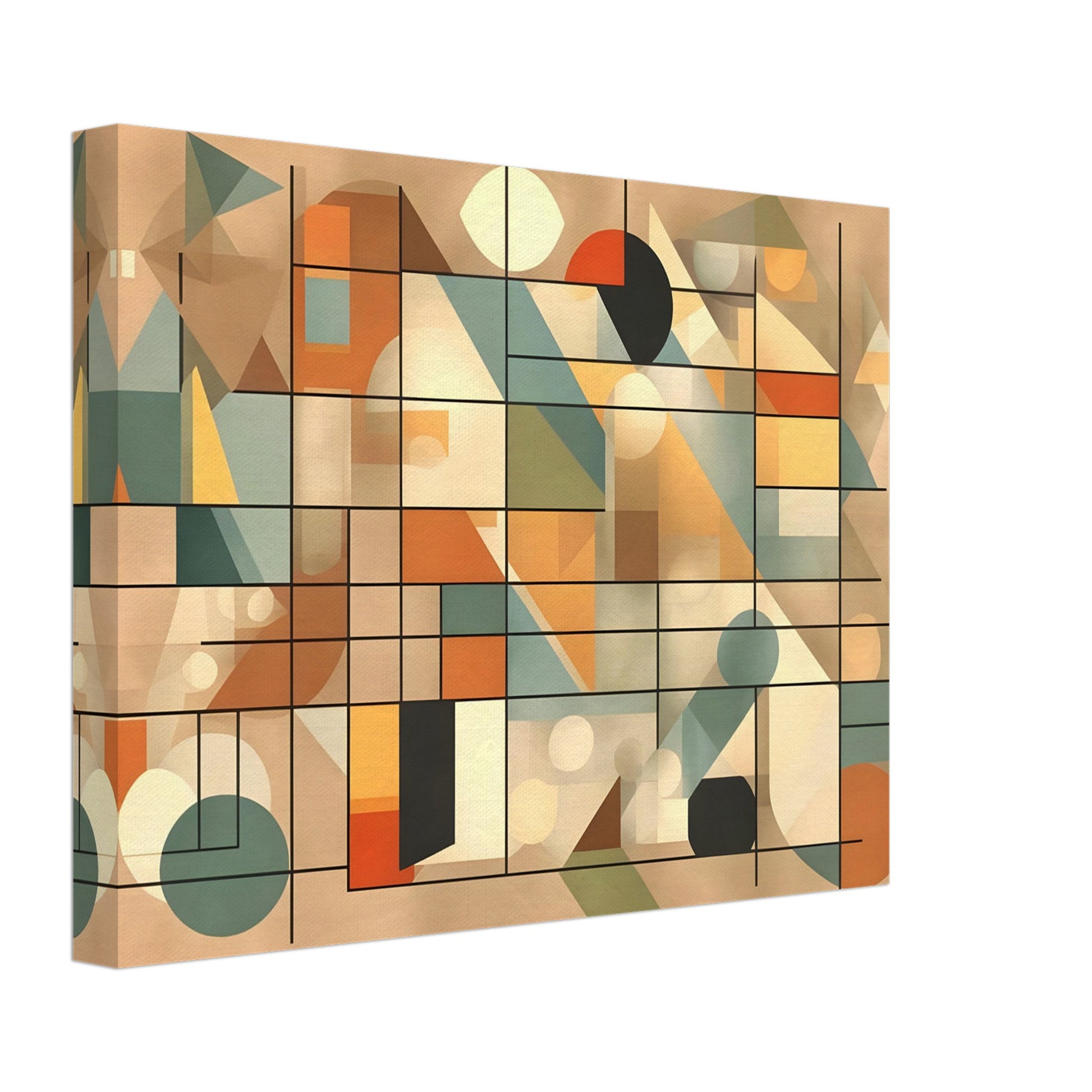 An abstract artwork with a geometric design, featuring intersecting lines, circles, triangles, and rectangles in soft shades of beige, orange, teal, and cream.