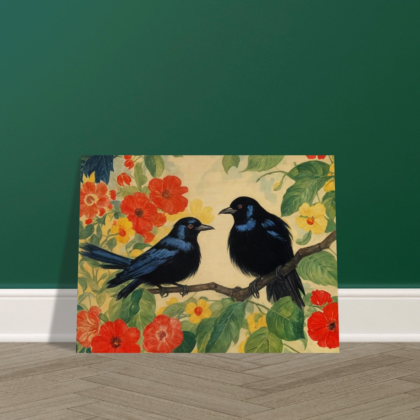 "A vibrant painting of two black birds perched on a branch surrounded by lush red and yellow flowers and green foliage, set against a soft background."