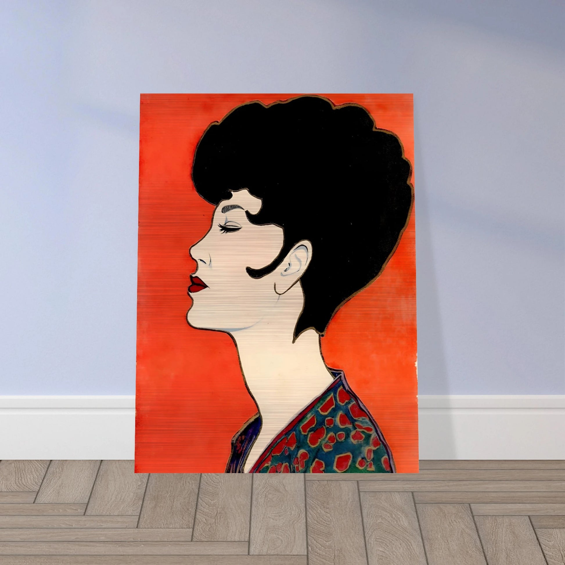 Elegant side-profile portrait of a woman with sculpted dark hair, vivid red lips, and patterned attire set against a radiant scarlet backdrop.
