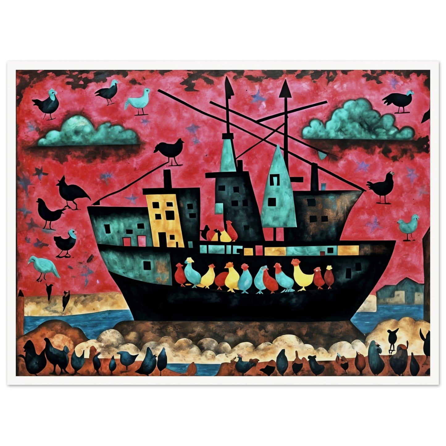 A surreal ship filled with colorful birds sails under a red sky, with more birds flying and perching around, creating a whimsical scene.