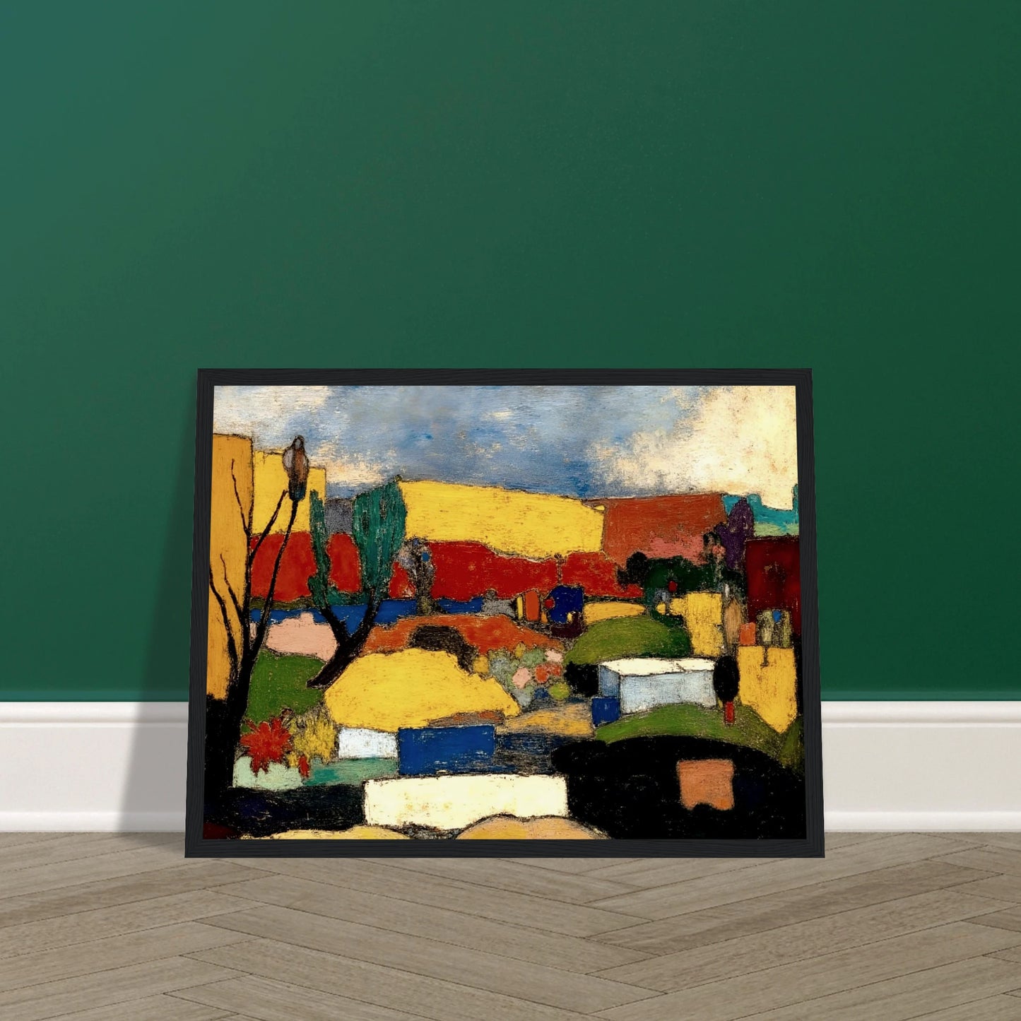 Colorful village nestled among rolling hills with bright rooftops, trees, and fields beneath a textured blue sky.