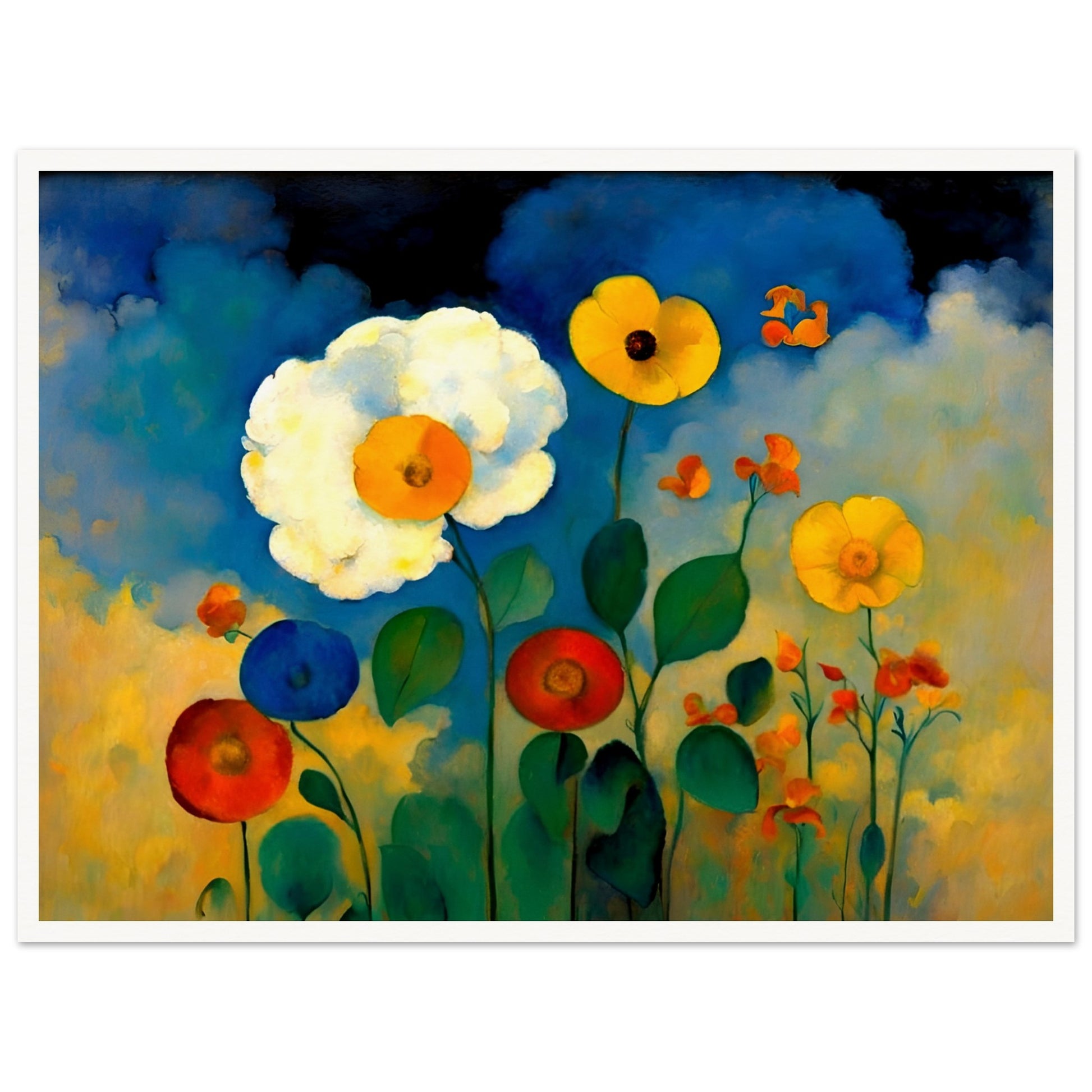 A vibrant floral painting with bold yellow, red, and blue flowers standing against a dreamy sky of deep blues, golds, and soft clouds.