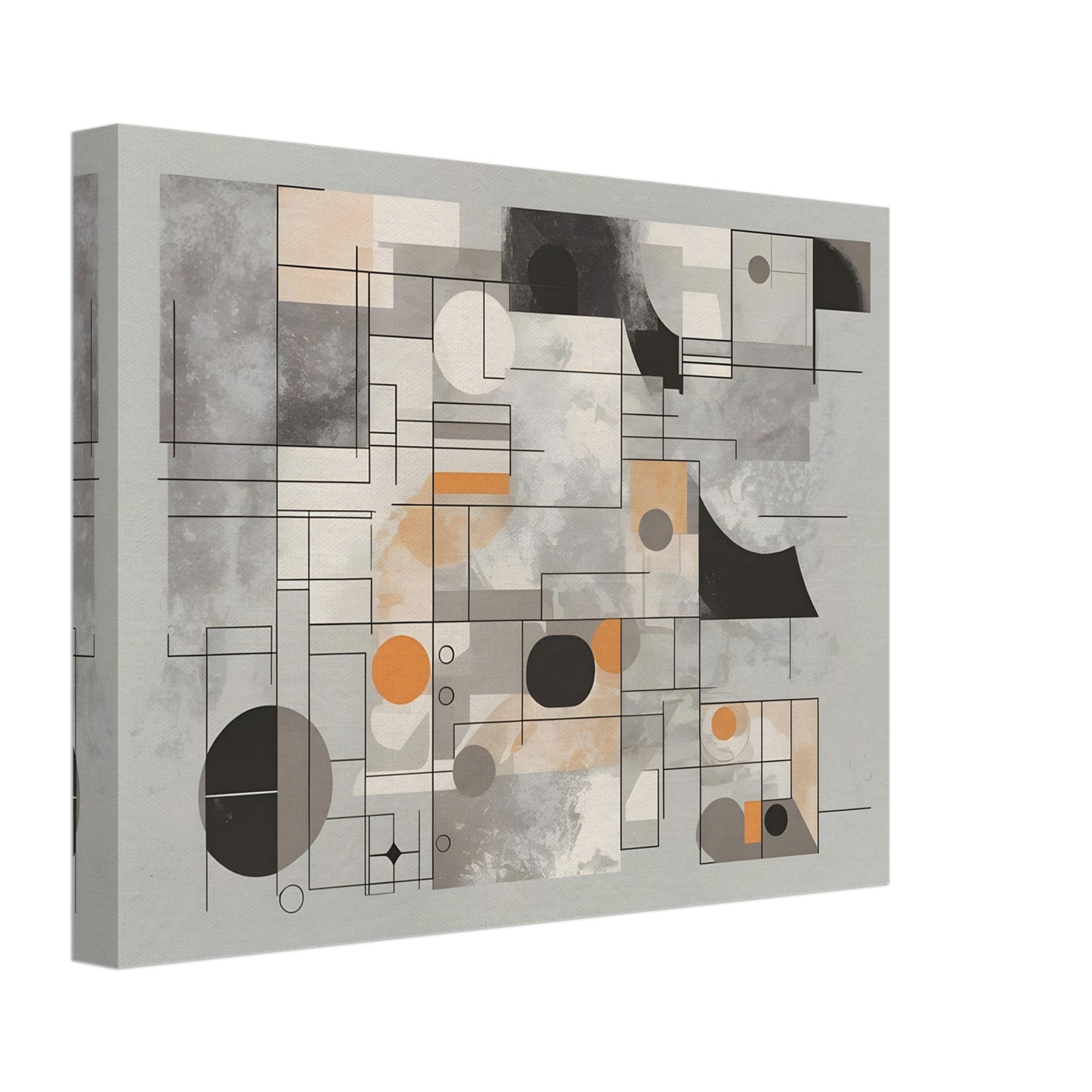 An abstract composition featuring geometric shapes, muted tones of grey, beige, and orange, with overlapping lines and blocks forming an architectural, grid-like design