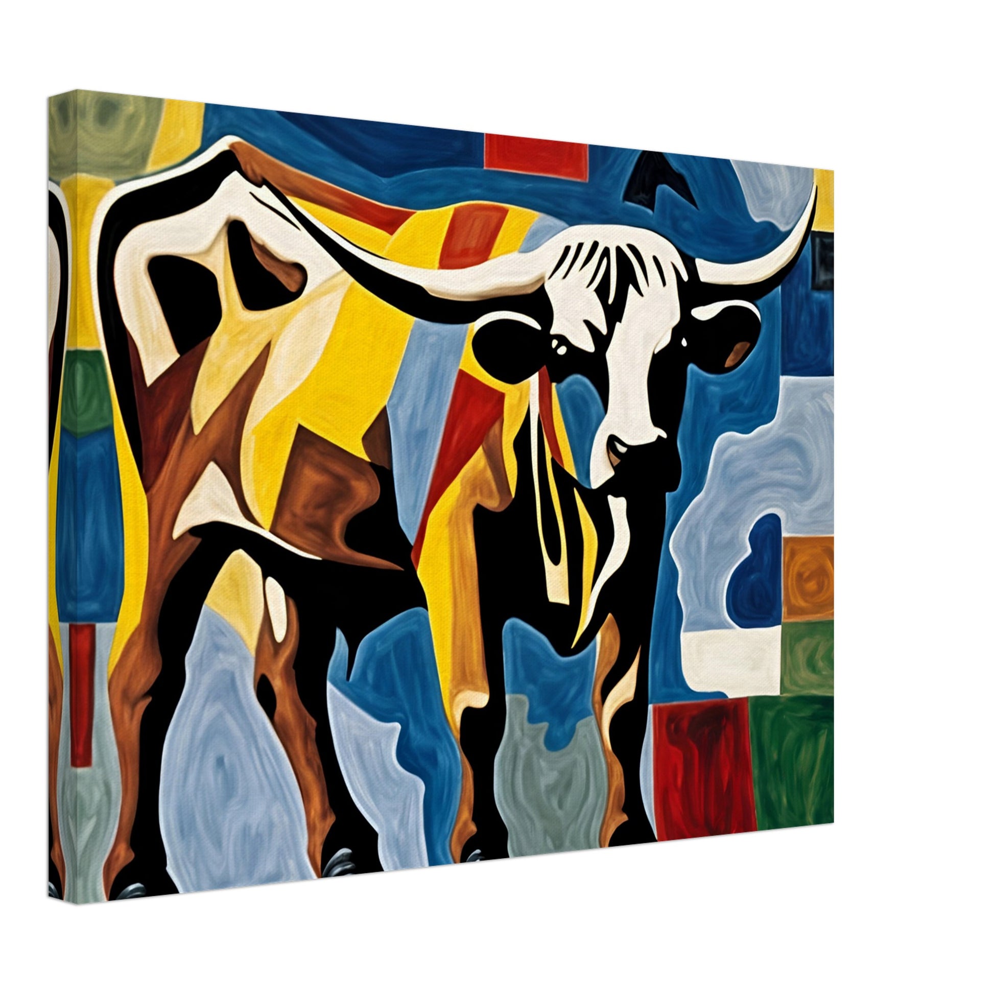 A striking painting of a longhorn bull in a colorful, geometric style, featuring bold hues of yellow, blue, red, and black.