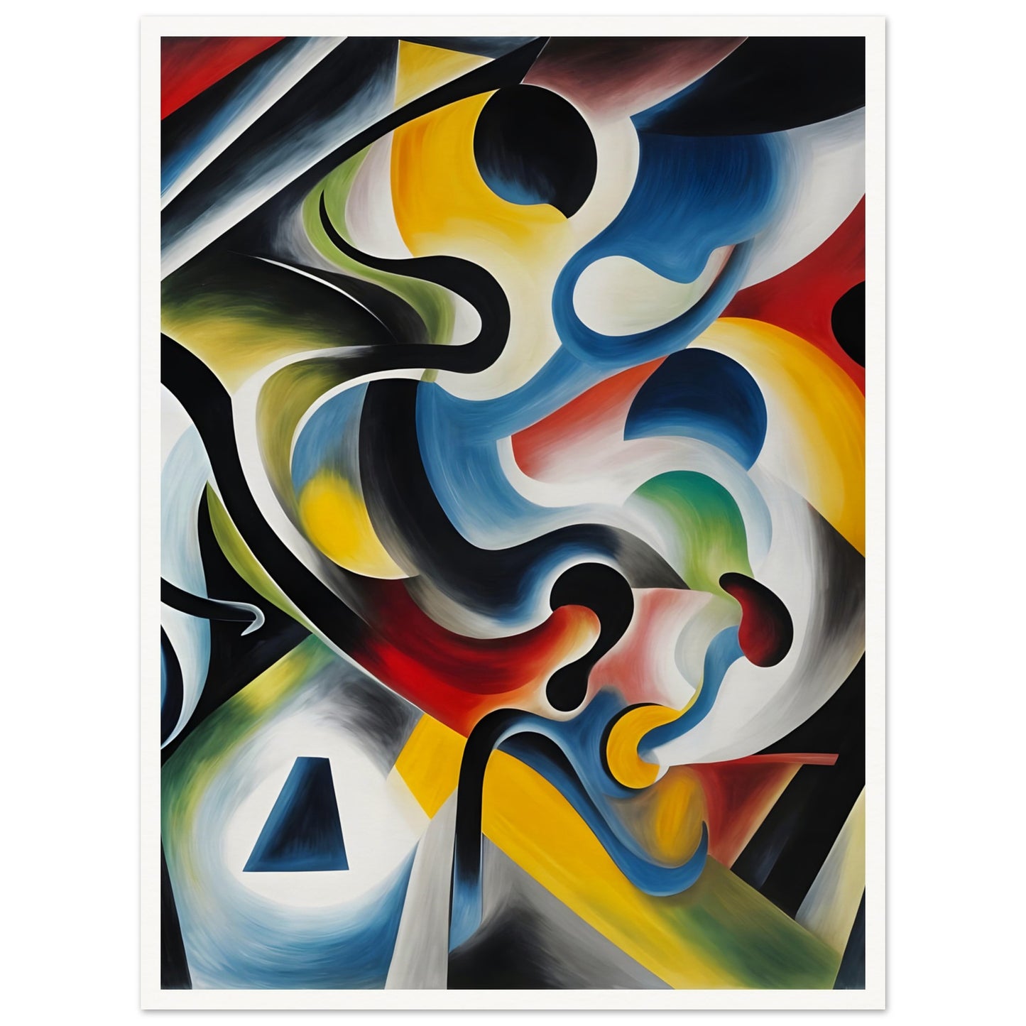 A dynamic composition of swirling colors, bold curves, and geometric shapes creating a fluid, energetic visual movement.