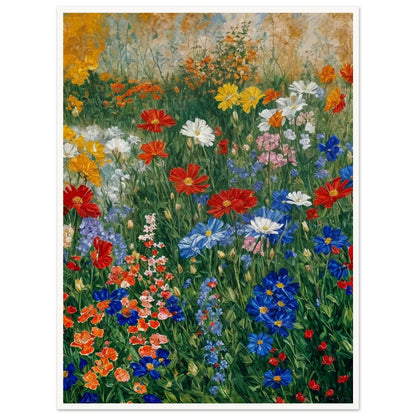 A lush, multi-colored floral garden in full bloom, with a harmonious blend of reds, whites, and blues against a warm backdrop.