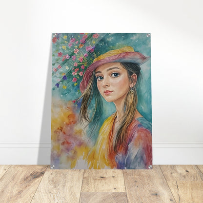 A young woman in a colorful hat gazes softly, with vibrant spring flowers blooming behind her, capturing the essence of youth and nature.