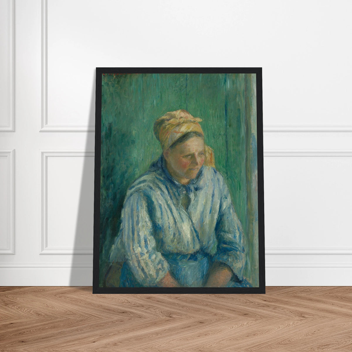 A seated washerwoman in a striped blue blouse and headscarf rests against a deep green background.