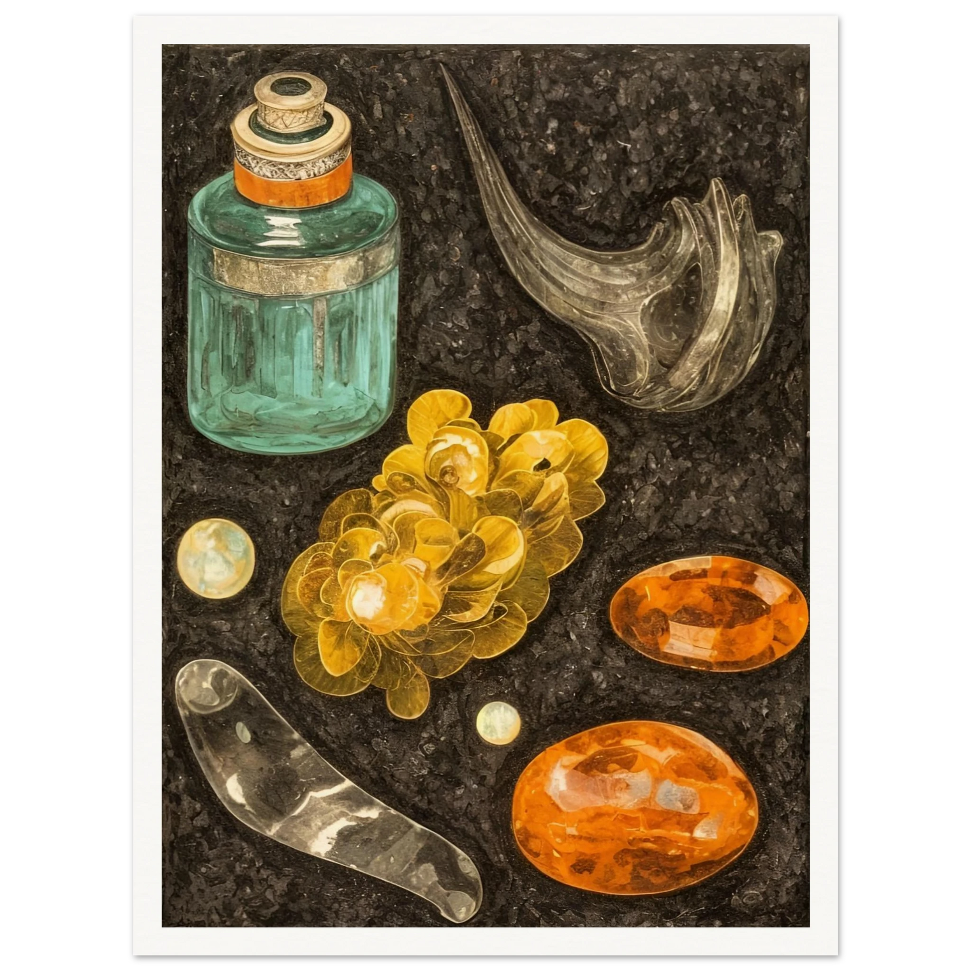 A collection of golden stones, glass objects, and a teal bottle arranged on a textured black background like hidden treasures.