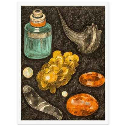 A collection of golden stones, glass objects, and a teal bottle arranged on a textured black background like hidden treasures.