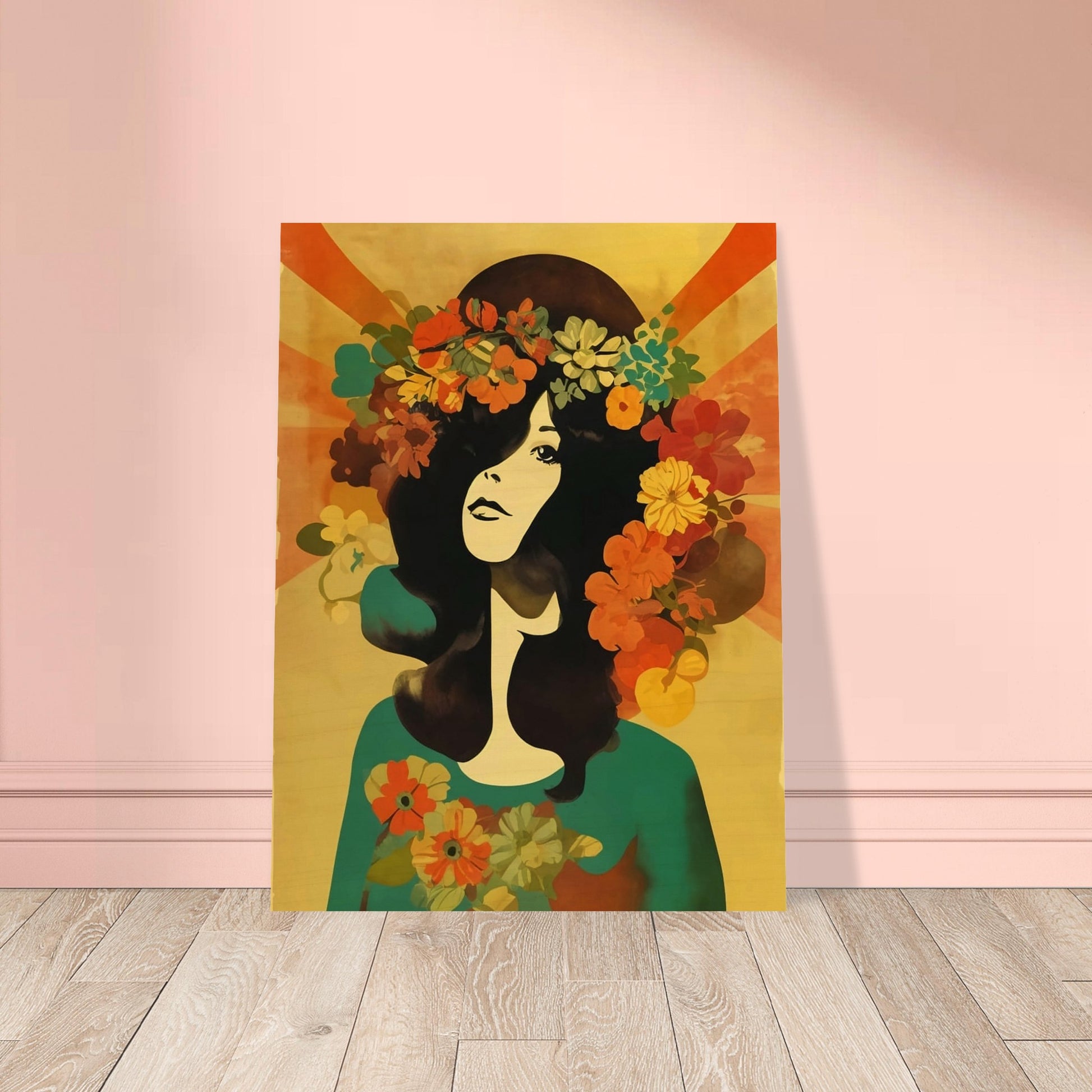 Stylized portrait of a woman with dark hair adorned with a crown of vibrant flowers against a warm, golden background.