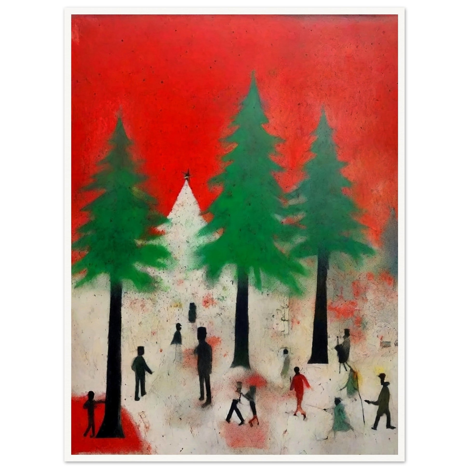 A festive winter scene with silhouettes of people among tall green pine trees, set against a bold red sky and snowy ground.