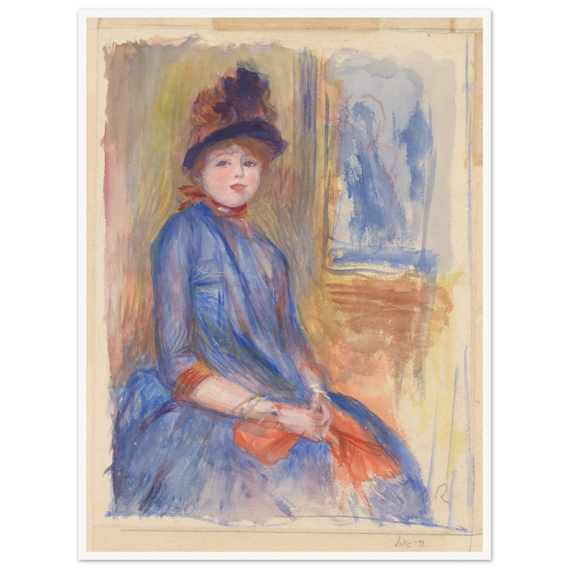A seated young woman in a blue dress and feathered hat holds red gloves in a softly painted interior.
