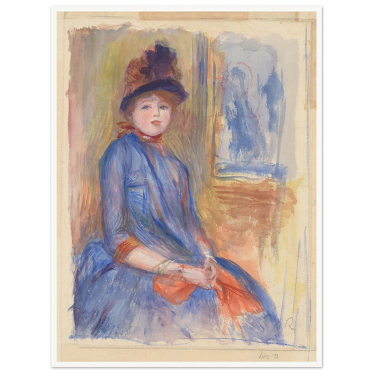 A seated young woman in a blue dress and feathered hat holds red gloves in a softly painted interior.