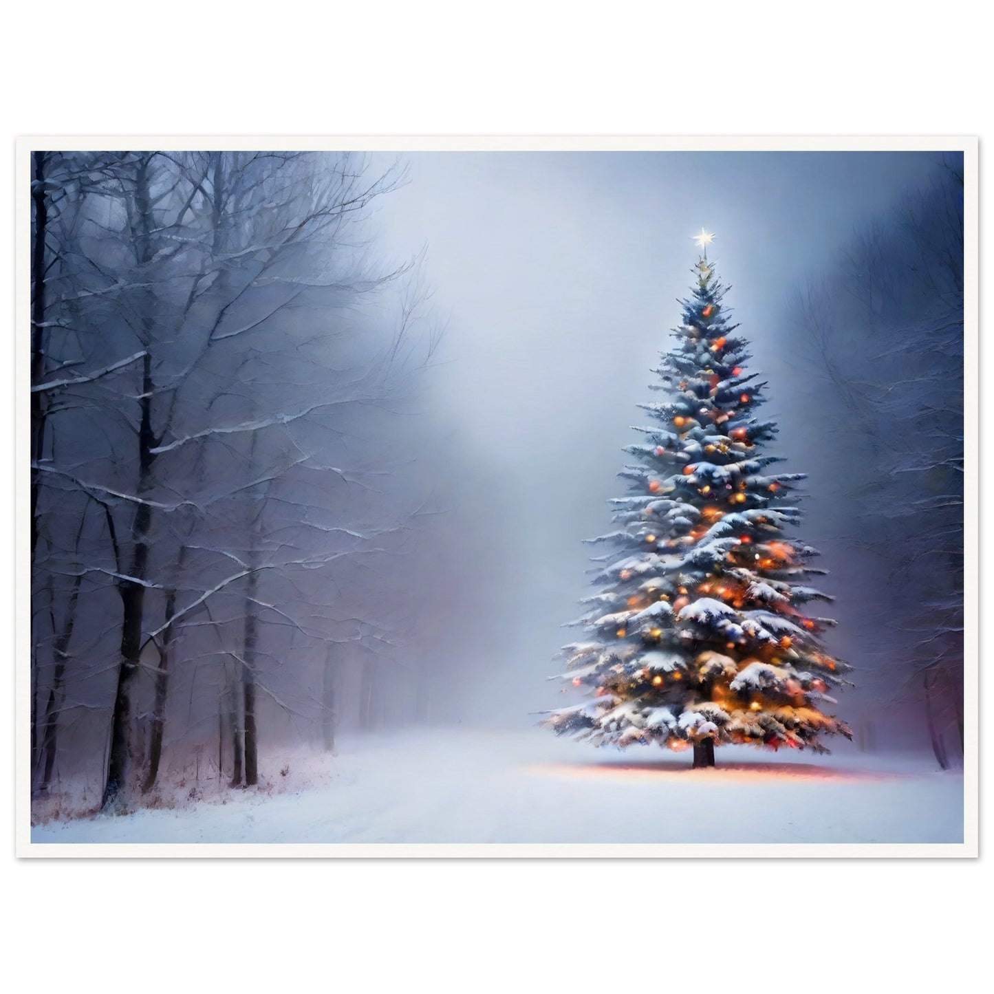 A snow-covered Christmas tree glowing with warm lights, standing alone in a misty winter forest, surrounded by frosted trees and soft light.

