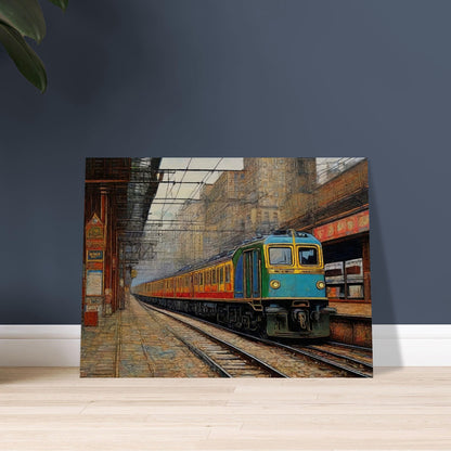 "A detailed painting of a train arriving at an urban station, set against the backdrop of tall buildings and intricate overhead wires, capturing the bustling city atmosphere."