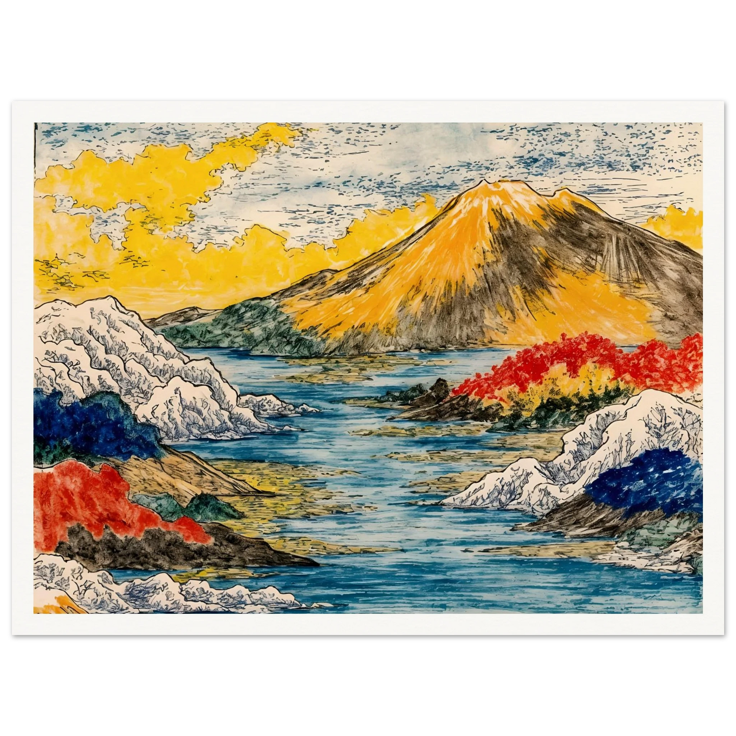 Golden mountain rises over blue water, snowy hills, red trees, and bright yellow clouds.