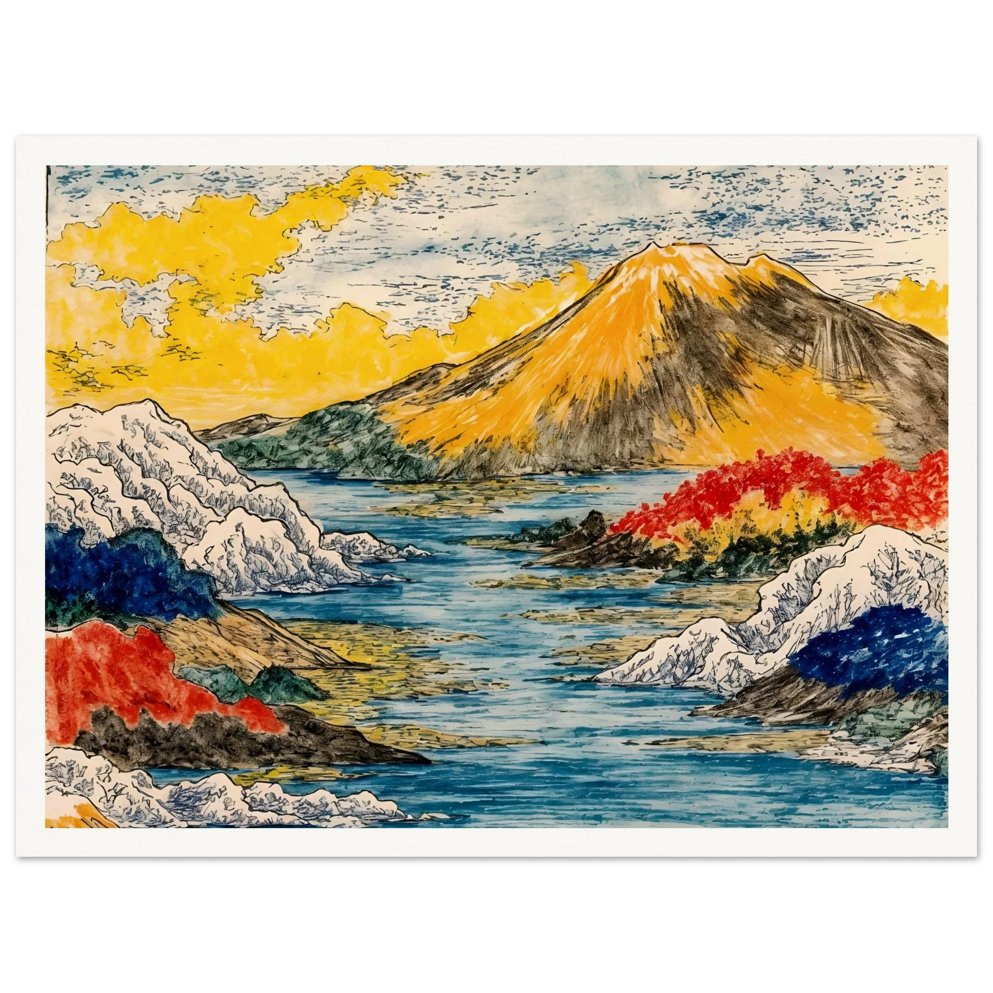Golden mountain rises over blue water, snowy hills, red trees, and bright yellow clouds.