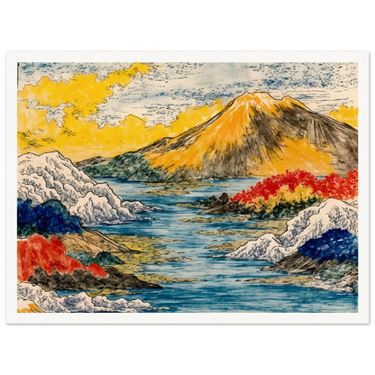 Golden mountain rises over blue water, snowy hills, red trees, and bright yellow clouds.