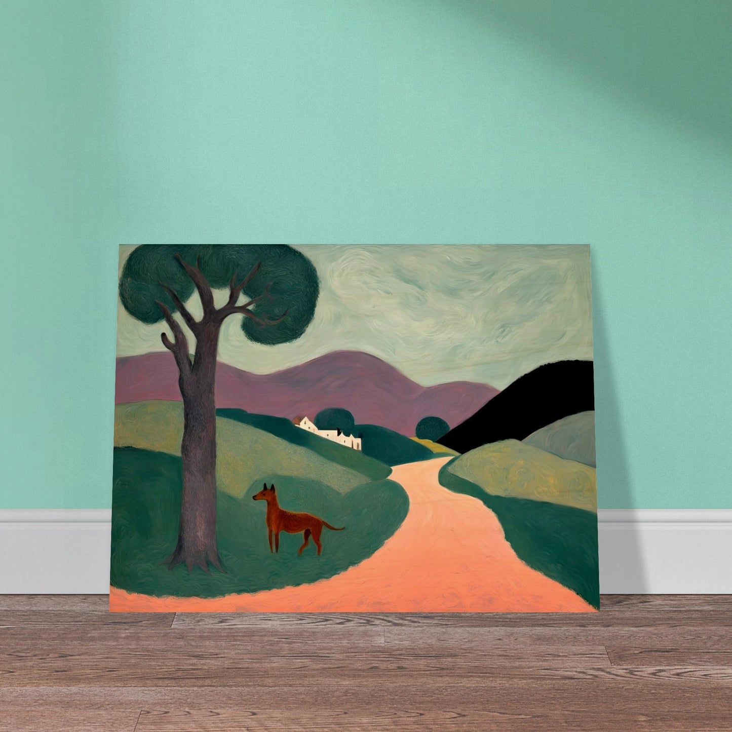 Stylized countryside landscape with rolling green hills, a purple mountain range, a lone tree, and a brown dog standing on a peach path.