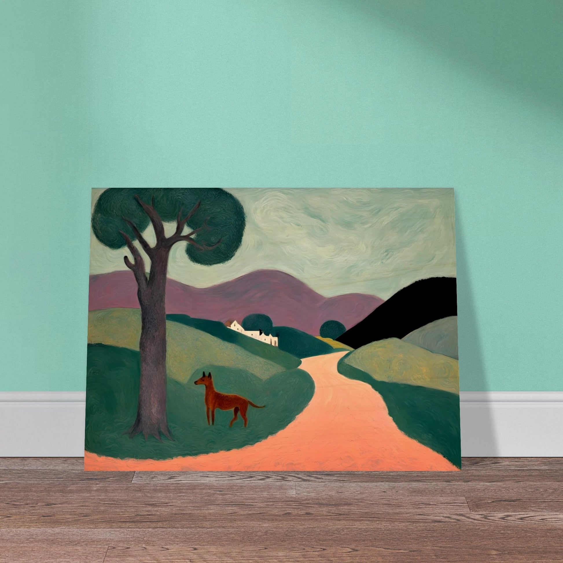 Stylized countryside landscape with rolling green hills, a purple mountain range, a lone tree, and a brown dog standing on a peach path.