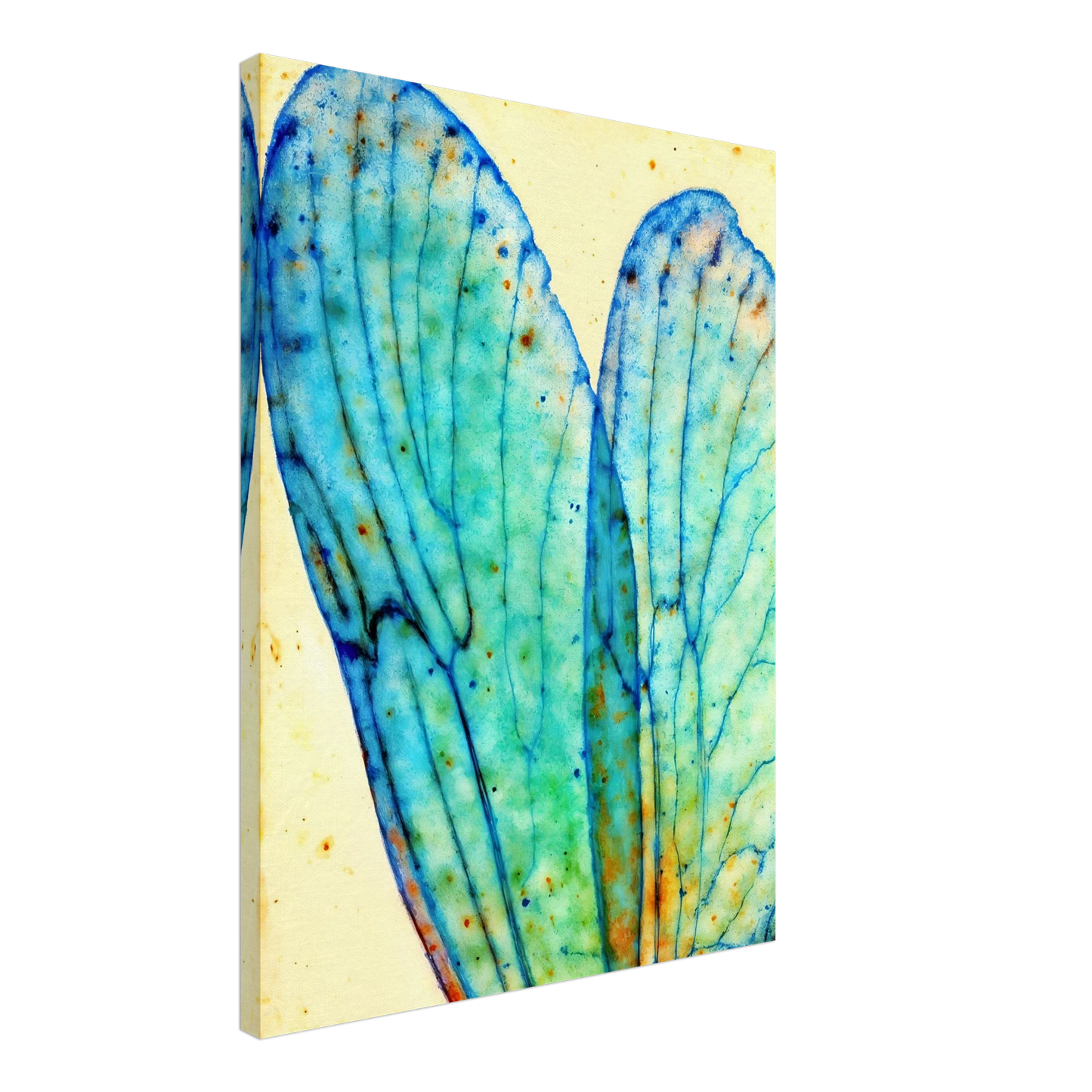Delicate translucent blue wings with intricate vein patterns, softly glowing against a pale background with watercolor speckles.