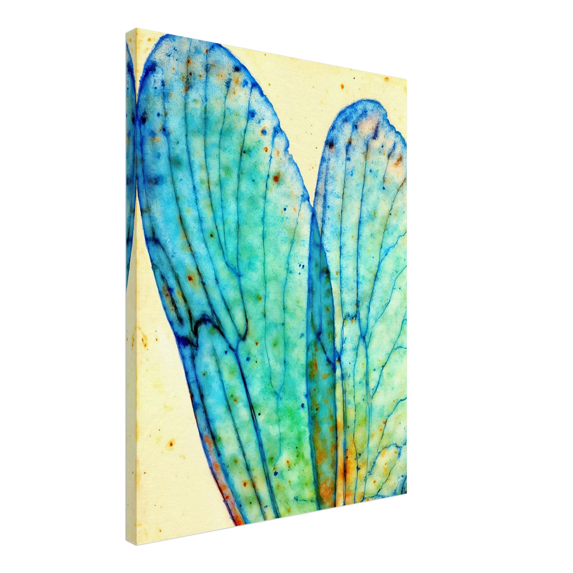 Delicate translucent blue wings with intricate vein patterns, softly glowing against a pale background with watercolor speckles.
