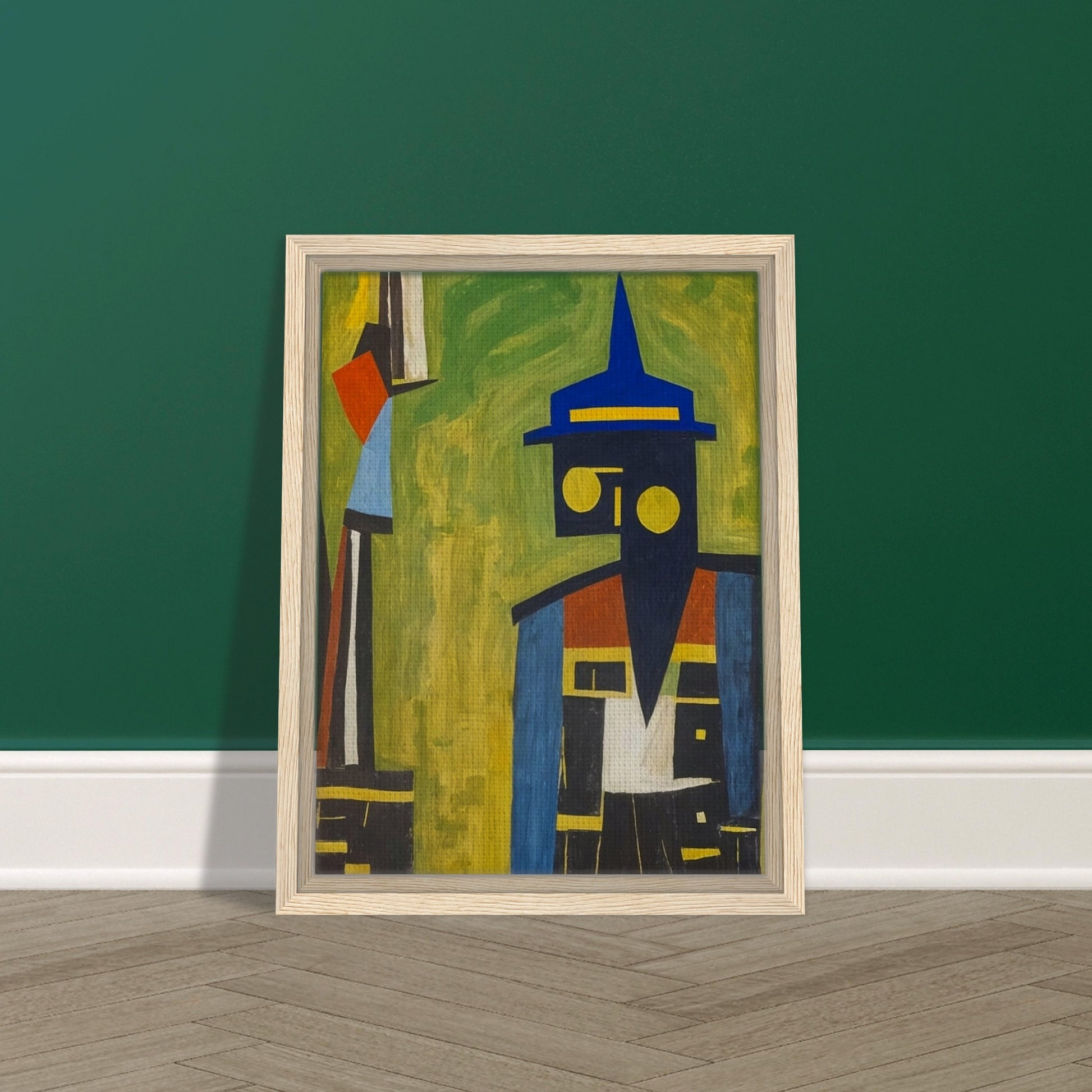 "An abstract painting featuring a geometric figure with a blue hat, composed of bold shapes and colors, set against a green and yellow background."