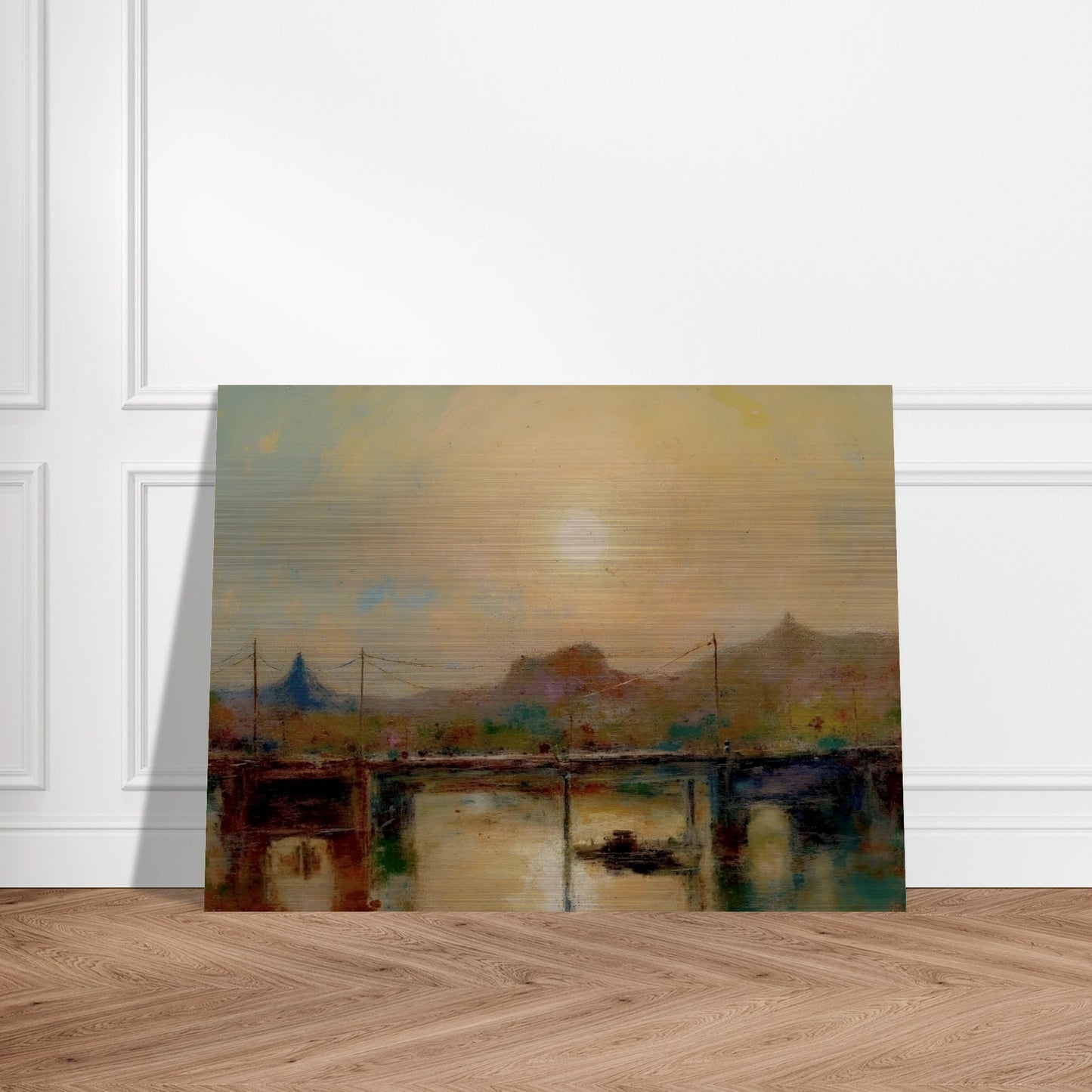 Hazy sunrise over a quiet bridge and river, with distant hills and muted pastel tones reflecting on the water.