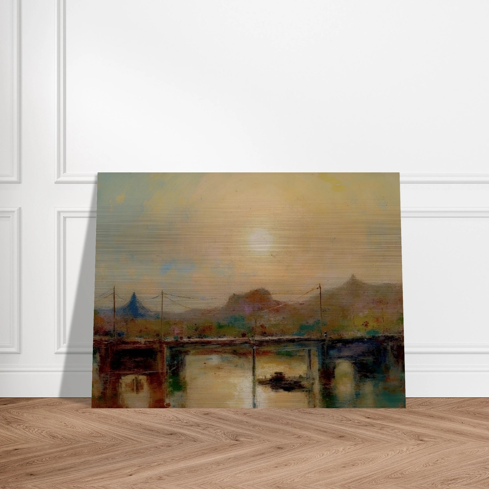 Hazy sunrise over a quiet bridge and river, with distant hills and muted pastel tones reflecting on the water.