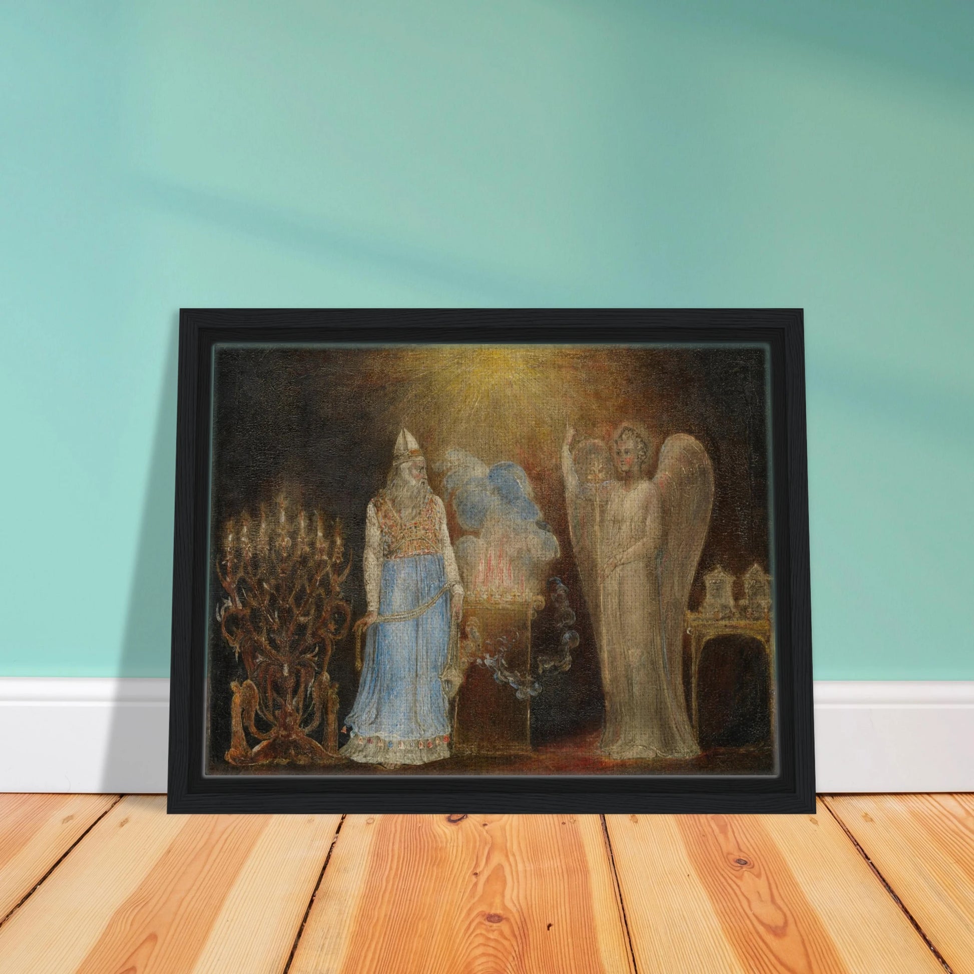 Angel appears before Zacharias in a glowing biblical temple scene by William Blake