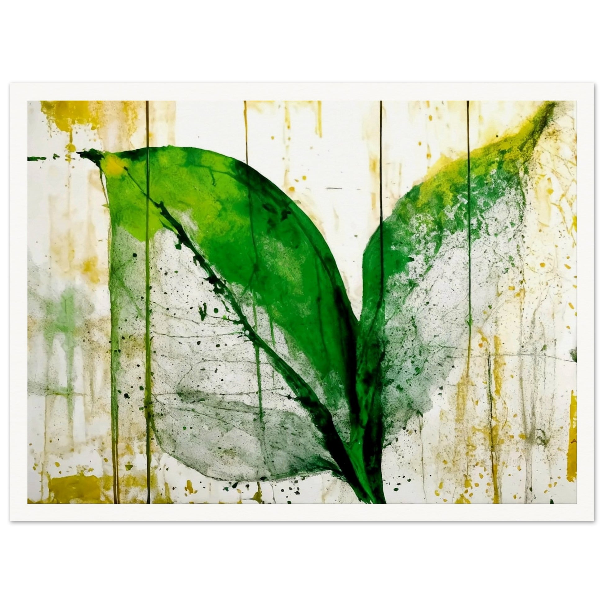 A vibrant green leaf with abstract textures and splashes of yellow on a white background, evoking a fresh and organic feel with artistic brushstrokes.