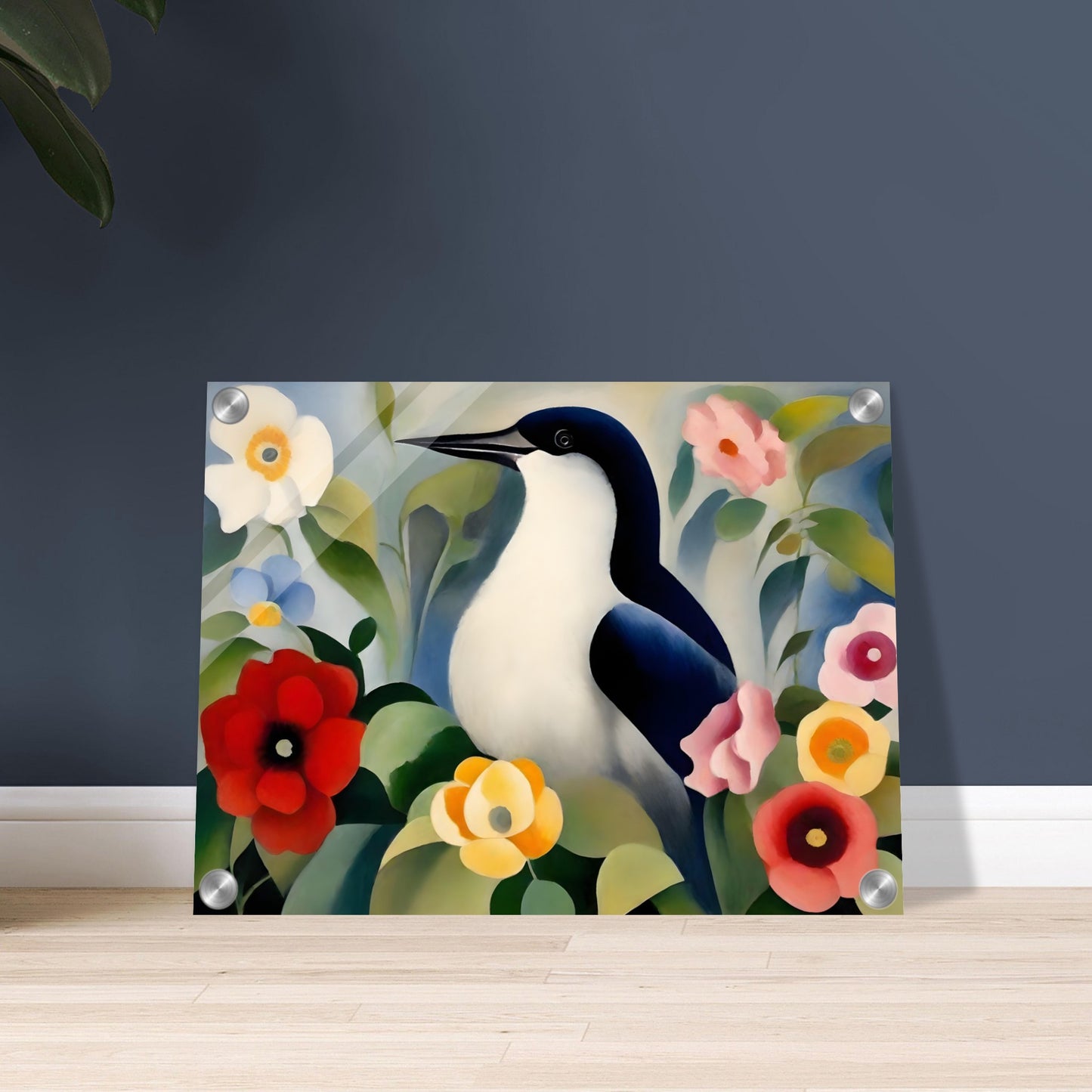 A serene painting of a black-and-white bird perched amidst colorful flowers, including red, yellow, and pink blooms, surrounded by lush green leaves.