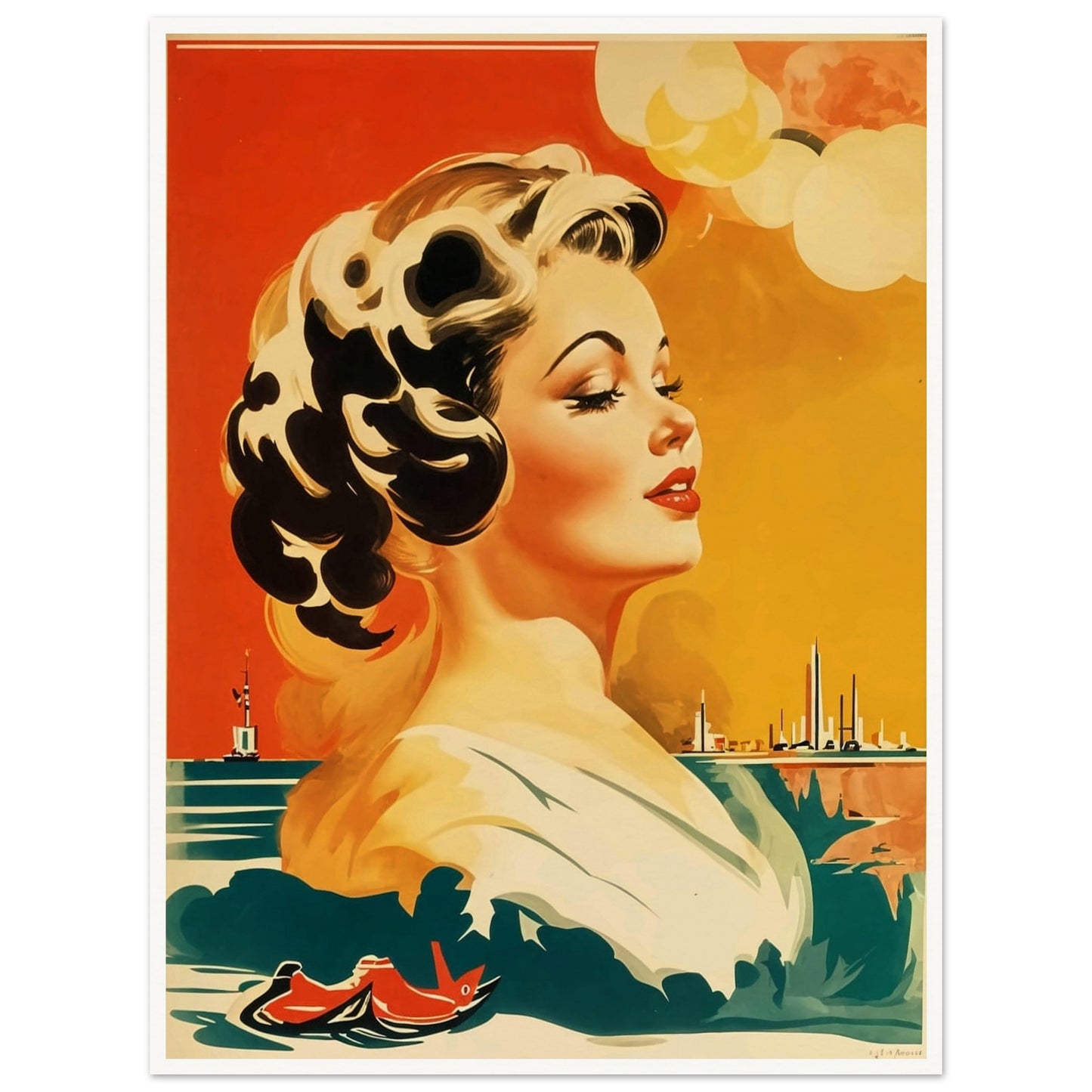 A vintage-style painting featuring a glamorous woman with a cityscape and boats in the background, set against a vibrant sky.