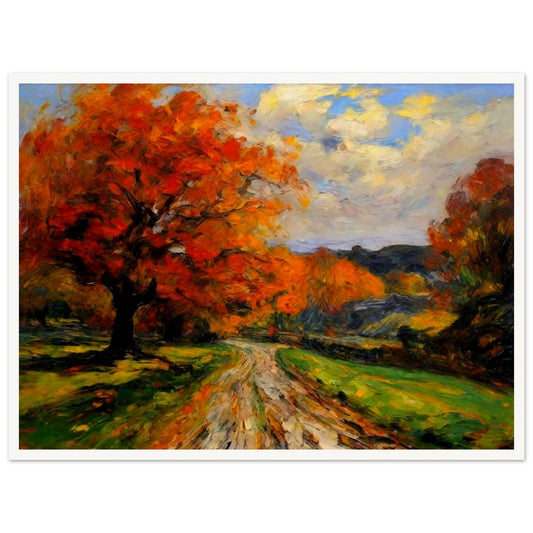 "A beautiful autumn landscape featuring a winding path surrounded by trees with vibrant orange and red leaves under a bright sky."