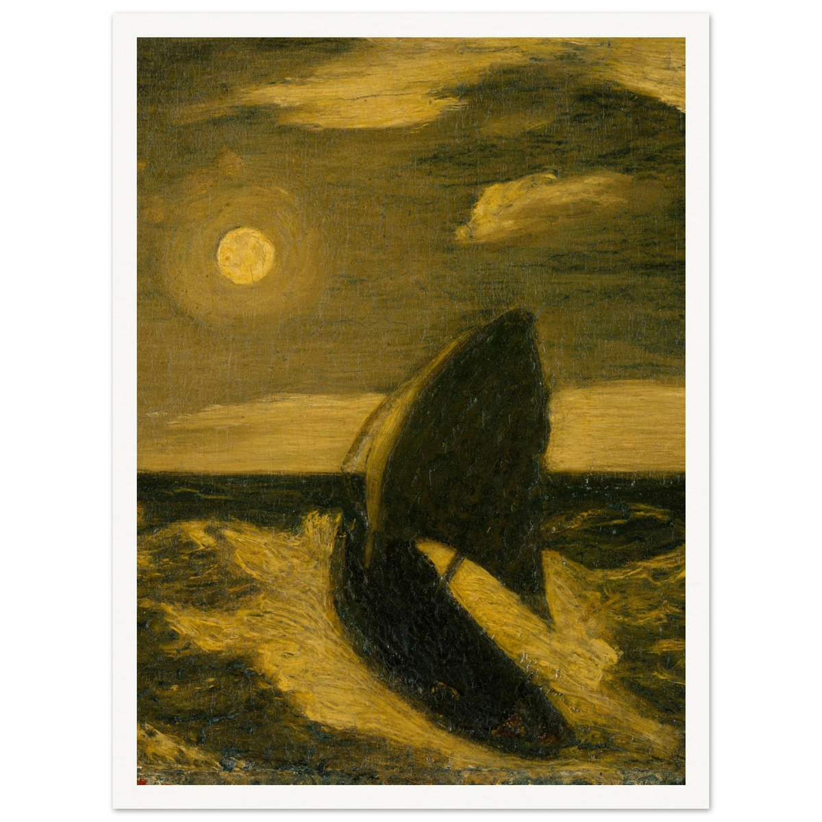 A dark sailboat rides a moonlit sea under golden clouds and a glowing full moon.