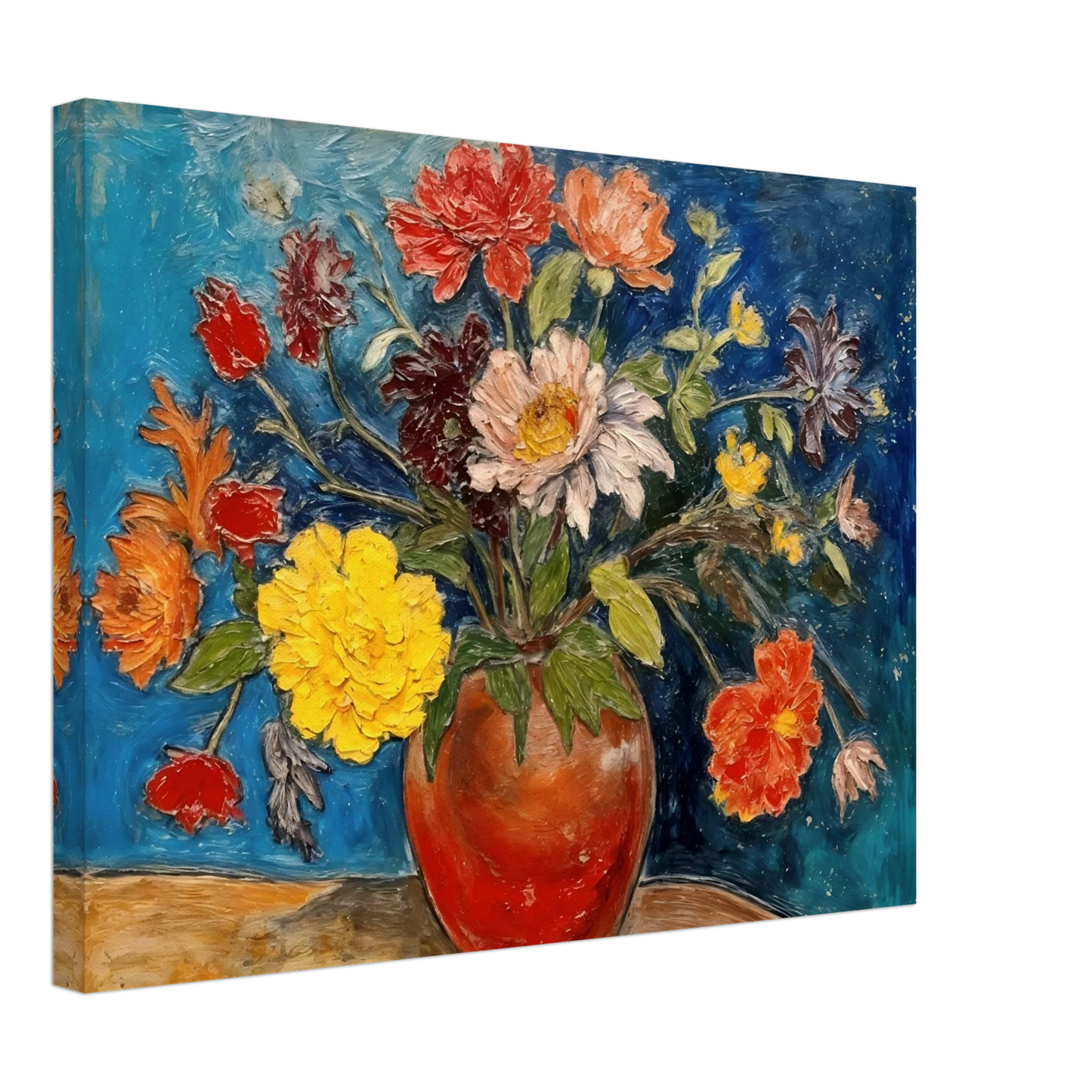 A vibrant floral still life featuring a red ceramic vase overflowing with colorful blossoms in shades of yellow, red, white, pink, and orange, set against a rich blue background.