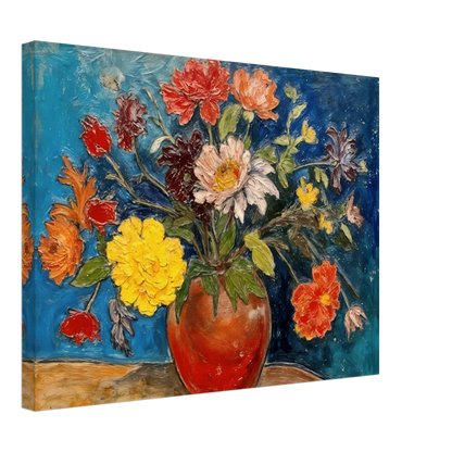A vibrant floral still life featuring a red ceramic vase overflowing with colorful blossoms in shades of yellow, red, white, pink, and orange, set against a rich blue background.