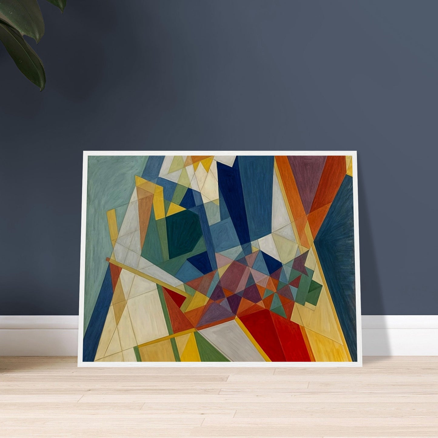 An abstract painting showcasing intersecting geometric shapes in vibrant colors, creating a harmonious and dynamic composition.