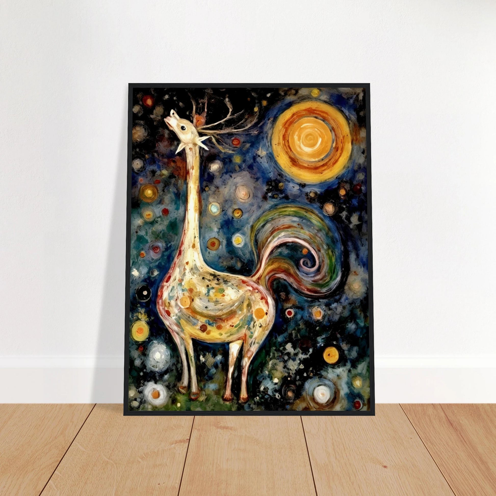 A fantastical creature with a long neck, antlers, and a swirling tail stands under a cosmic sky filled with colorful orbs and a radiant sun.