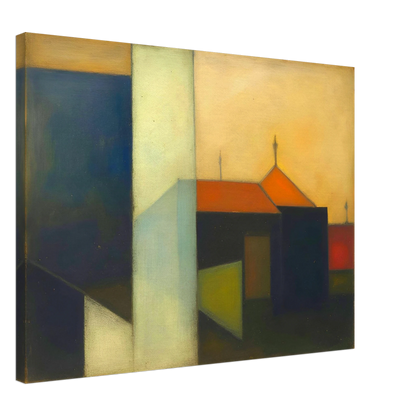 A minimalist expressionist townscape featuring geometric buildings in deep blue, cream, and black tones, accented by warm orange rooftops beneath a glowing golden sky.