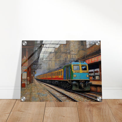 "A detailed painting of a train arriving at an urban station, set against the backdrop of tall buildings and intricate overhead wires, capturing the bustling city atmosphere."