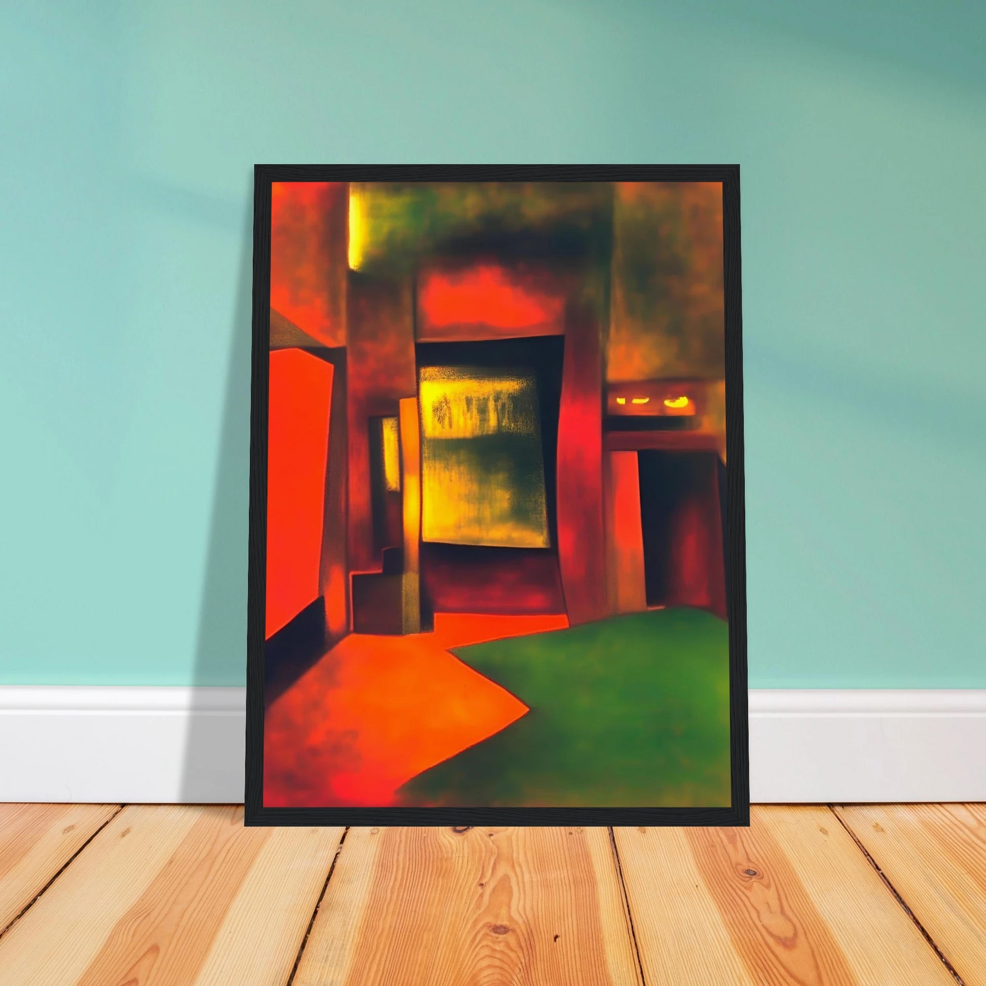 An interior-like scene bathed in glowing red, gold, and green light, forming bold shapes that evoke mystery and warmth.