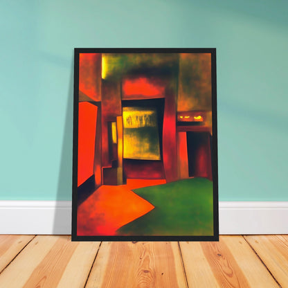 An interior-like scene bathed in glowing red, gold, and green light, forming bold shapes that evoke mystery and warmth.