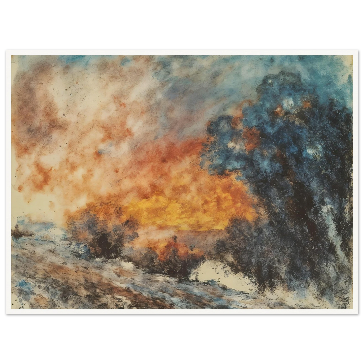 Dramatic fiery landscape with blazing orange sky, smoky blue shadows, and dark textured trees engulfed in an atmospheric glow.