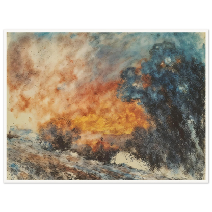 Dramatic fiery landscape with blazing orange sky, smoky blue shadows, and dark textured trees engulfed in an atmospheric glow.