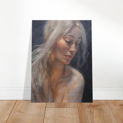 A delicate portrait of a woman with flowing silver hair, softly illuminated against a dark background, her eyes gently lowered in serene contemplation.