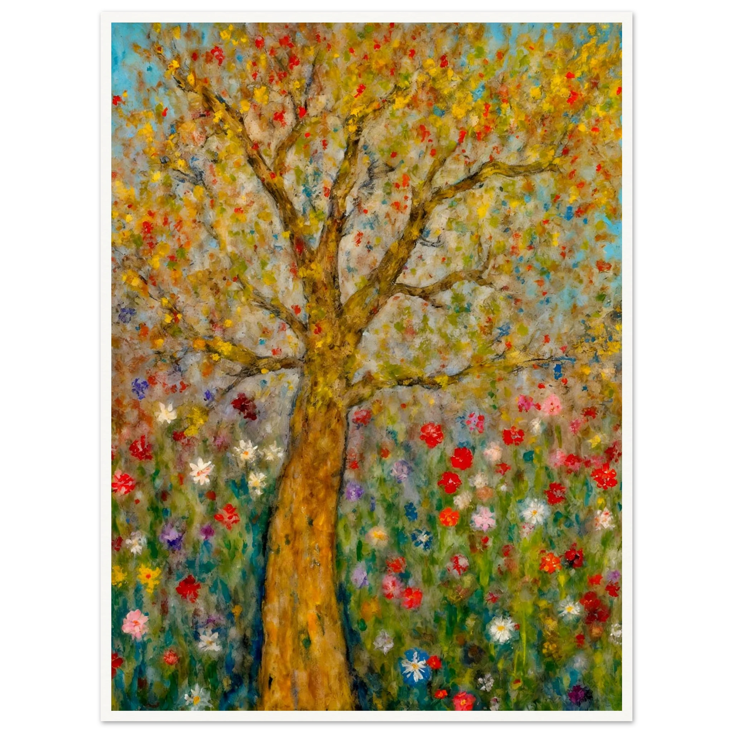 A golden-barked tree stands tall in a vibrant field of blooming flowers, with multicolored petals dancing against a soft blue sky.