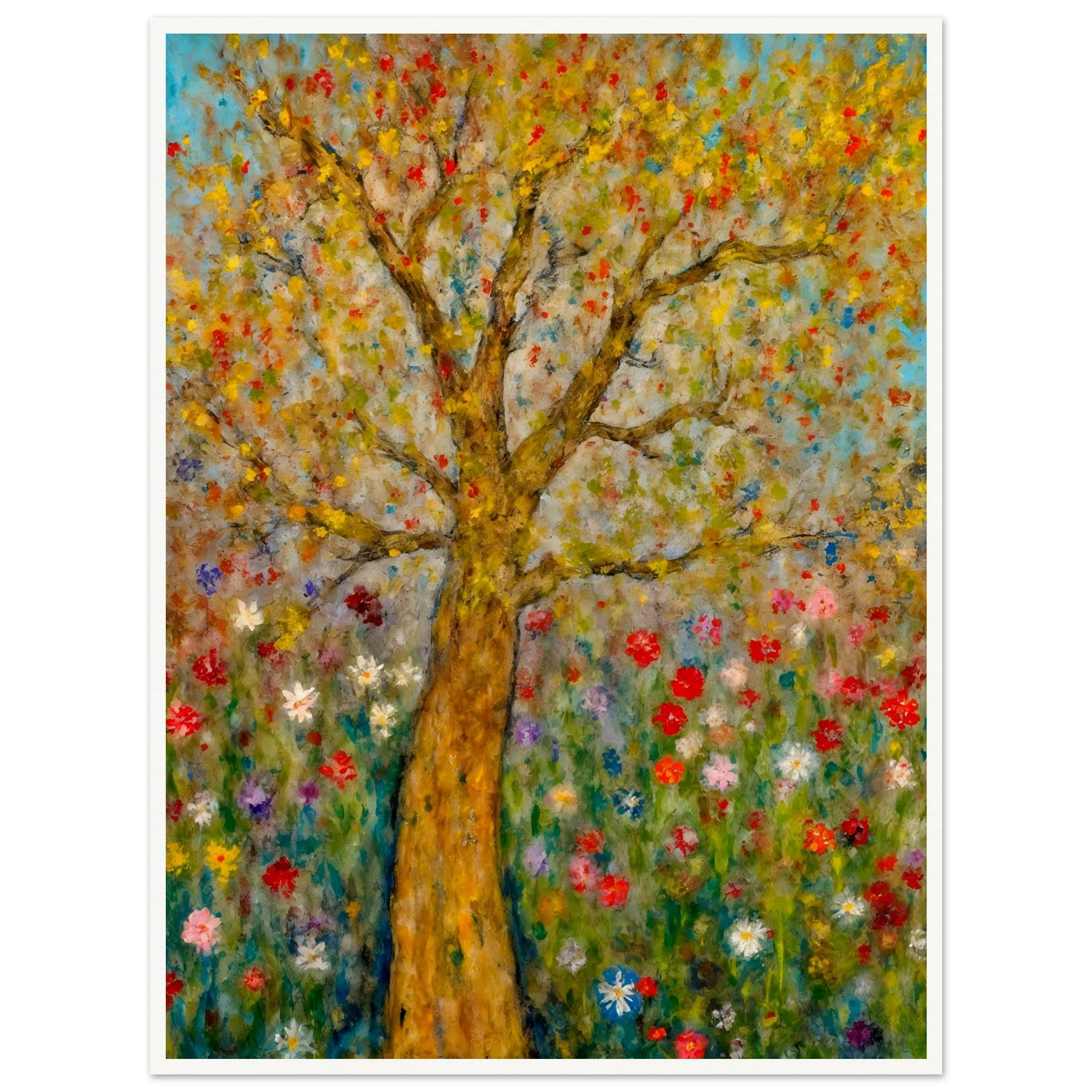 A golden-barked tree stands tall in a vibrant field of blooming flowers, with multicolored petals dancing against a soft blue sky.