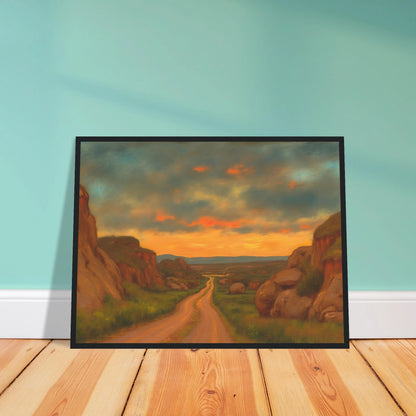 A winding dirt road cuts through rocky hills under a glowing sunset sky, evoking peace, wanderlust, and quiet reflection.